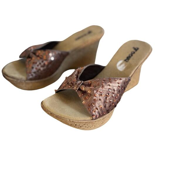 Y2K VTG. BROWN SEQUIN PLATFORM WEDGE HEELS SANDALS GROOVE SZ.‎ 8 - Picture 3 of 8